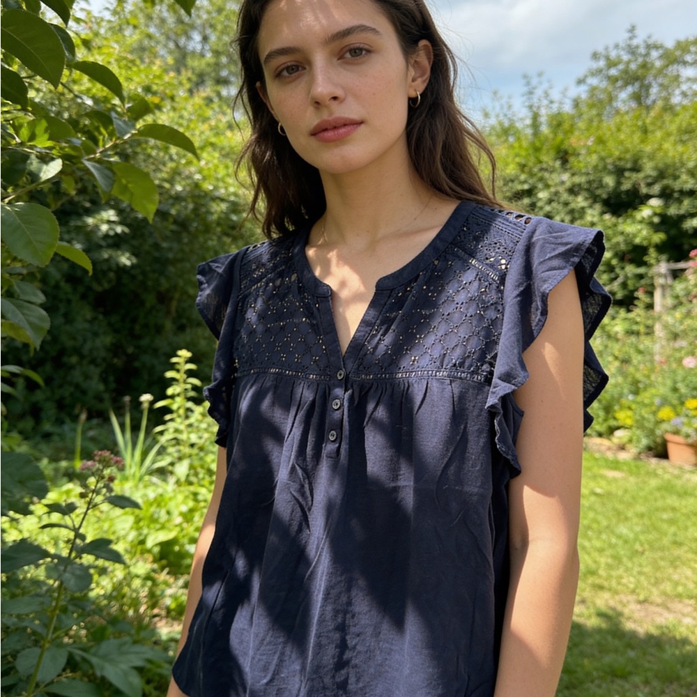 Style & Co. Navy Eyelet Flutter Sleeve Blouse